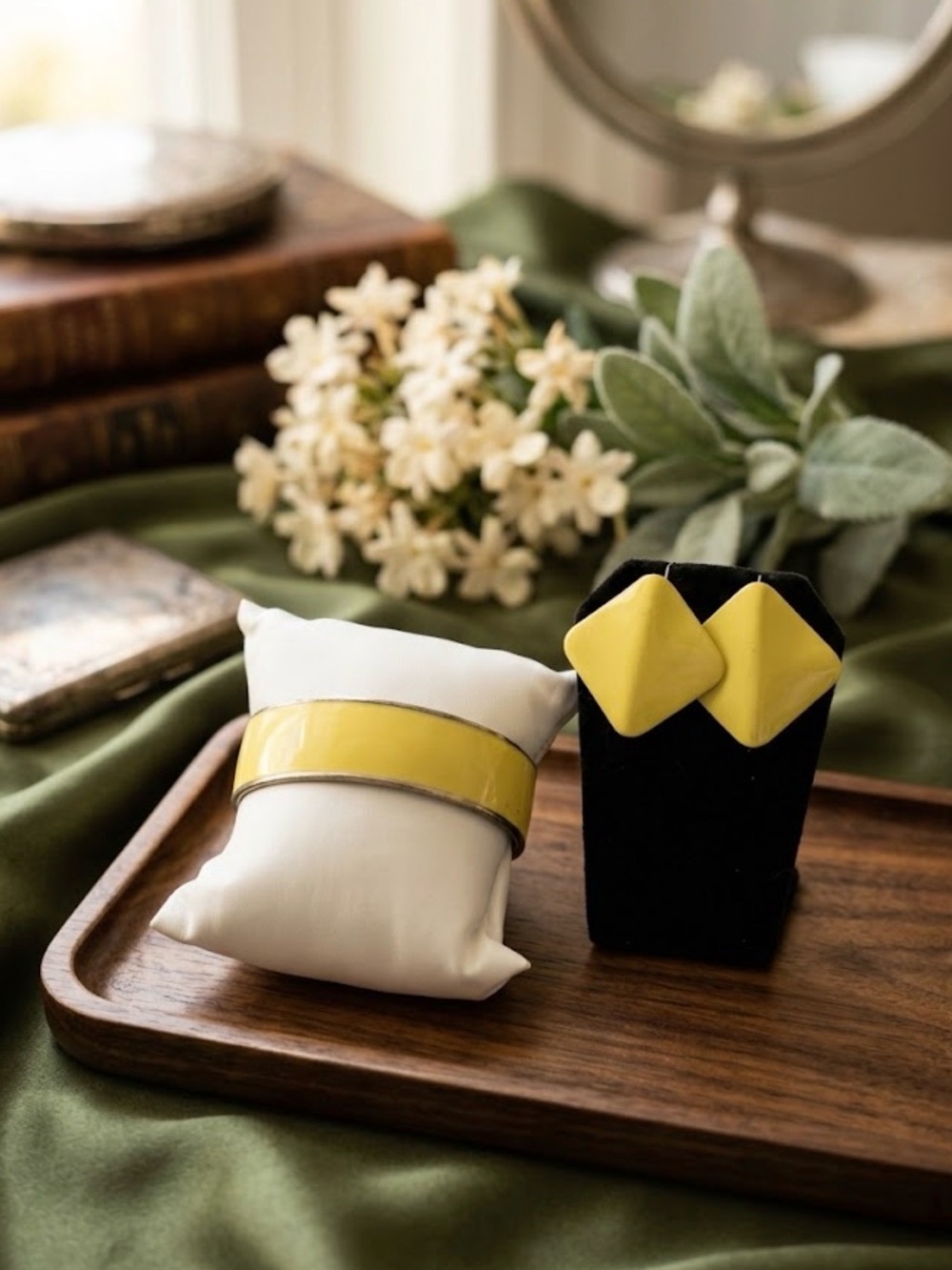Retro Yellow Enamel Bangle and Geometric Clip-On Earrings